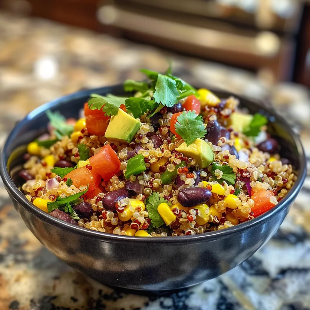 Side view of a fresh Southwest Quinoa Salad filled with quinoa, beans, and peppers.