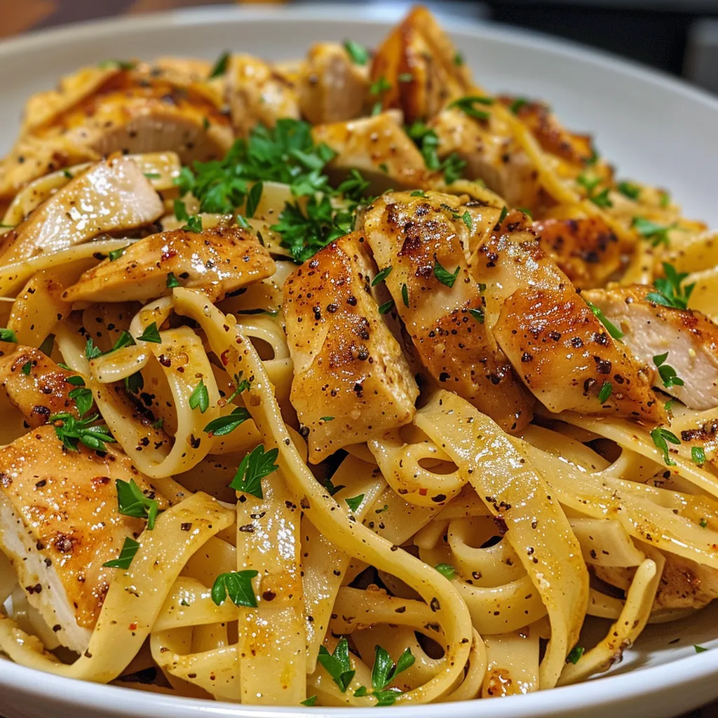 Close-up of a creamy pasta dish topped with diced chicken and garnished with parsley.