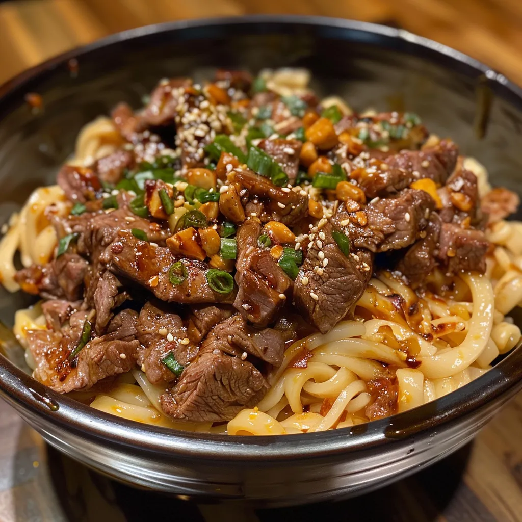 A close-up side view of a Spicy Garlic Butter Beef Noodle Bowl featuring succulent beef, noodles, and aromatic garlic.