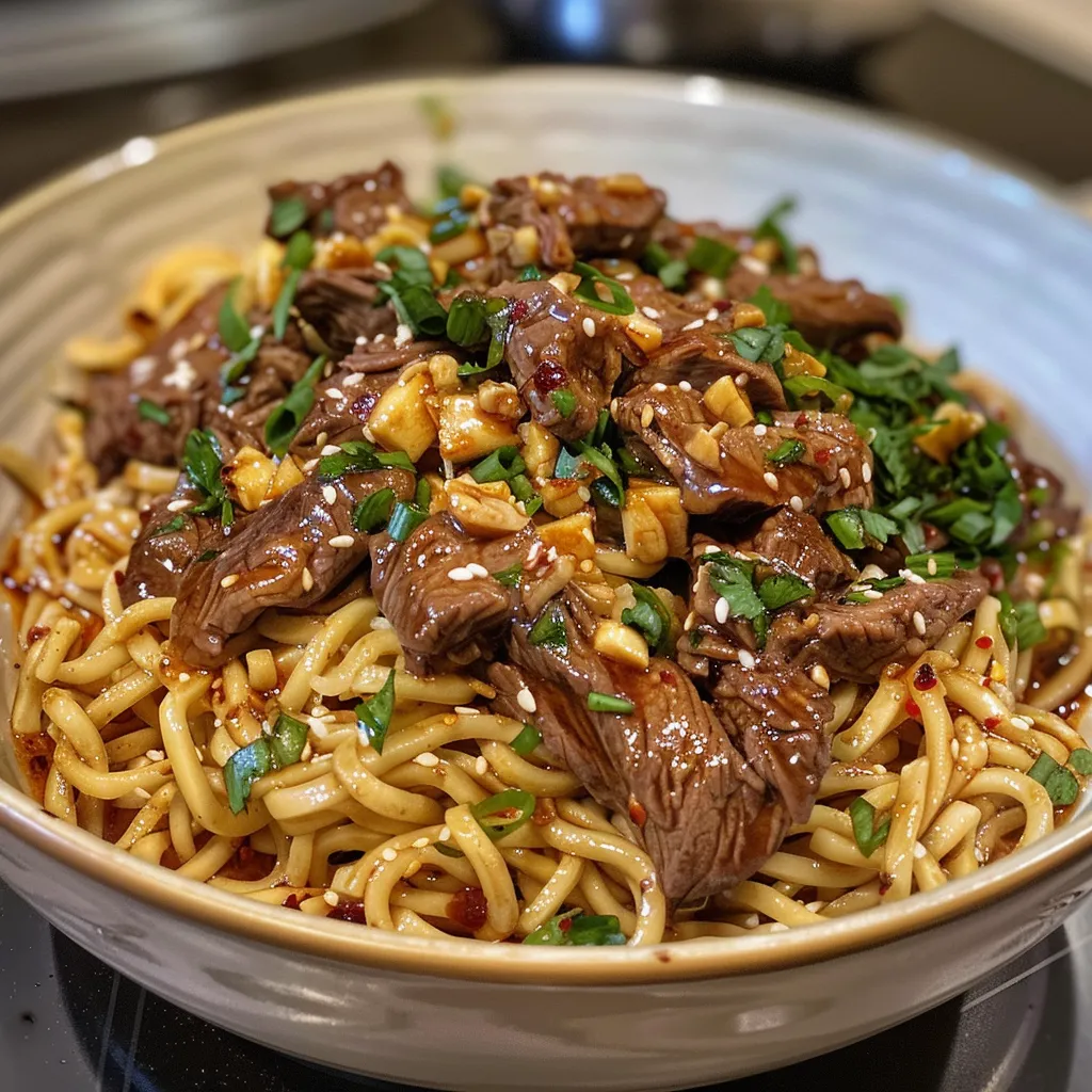 Juicy beef slices and noodles coated in garlic butter sauce, showcased in a bowl with vibrant colors.