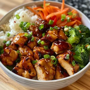 Close-up view of a spicy honey ginger chicken bowl with colorful vegetables and sauce.