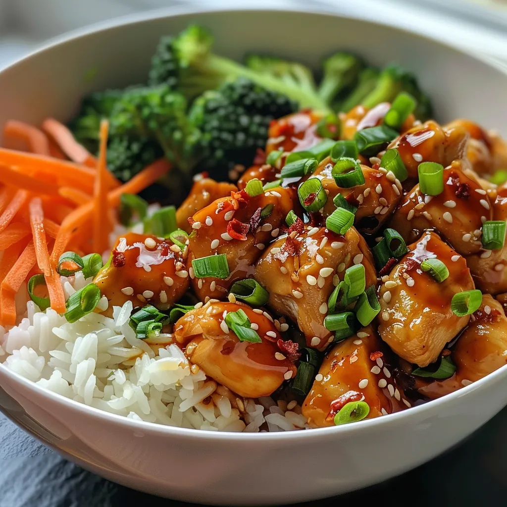 Juicy chicken pieces in a bowl with rice, broccoli, and carrots, topped with yum yum sauce.