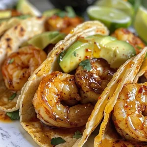 ['A close-up side view of spicy honey shrimp tacos with vibrant toppings.', 'Juicy shrimp tacos garnished with avocado and cilantro, showcasing rich colors.', 'A detailed image of shrimp tacos filled with cabbage, avocado, and spicy honey glaze.', 'Spicy honey shrimp tacos arranged on a plate with lime wedges and fresh cilantro.']