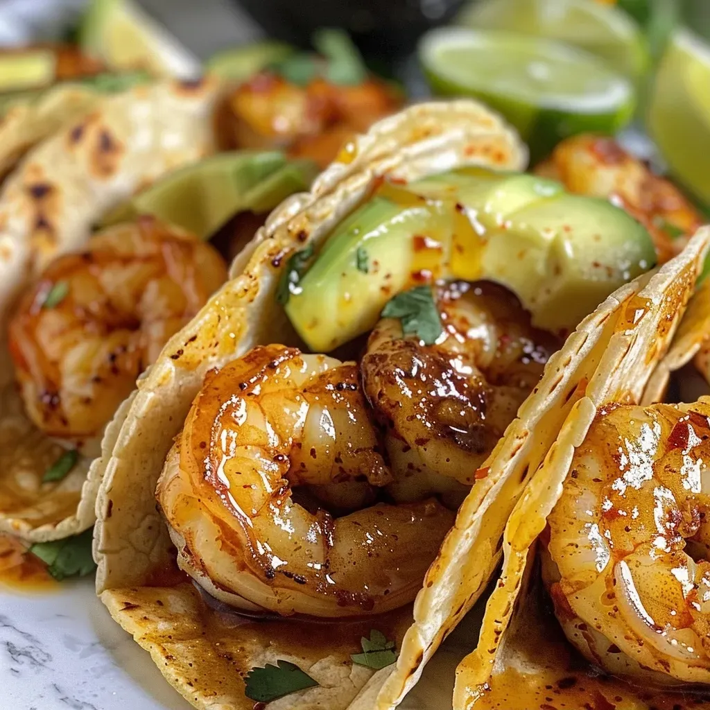 ['A close-up side view of spicy honey shrimp tacos with vibrant toppings.', 'Juicy shrimp tacos garnished with avocado and cilantro, showcasing rich colors.', 'A detailed image of shrimp tacos filled with cabbage, avocado, and spicy honey glaze.', 'Spicy honey shrimp tacos arranged on a plate with lime wedges and fresh cilantro.']