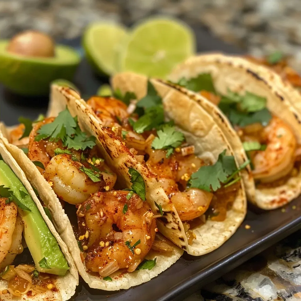 ['A close-up side view of spicy honey shrimp tacos with vibrant toppings.', 'Juicy shrimp tacos garnished with avocado and cilantro, showcasing rich colors.', 'A detailed image of shrimp tacos filled with cabbage, avocado, and spicy honey glaze.', 'Spicy honey shrimp tacos arranged on a plate with lime wedges and fresh cilantro.']