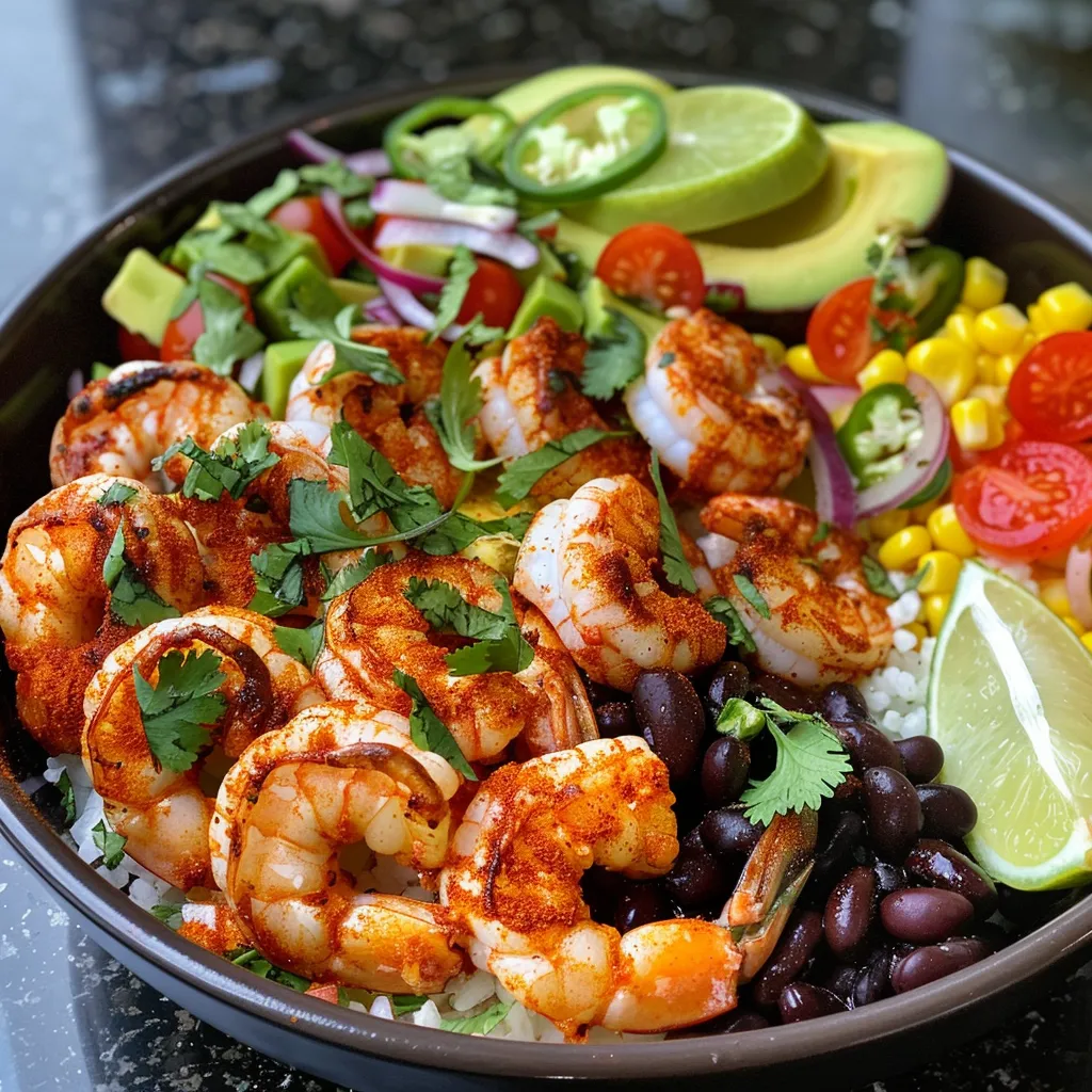 Close-up view of a colorful bowl filled with spicy shrimp, corn, and rice.