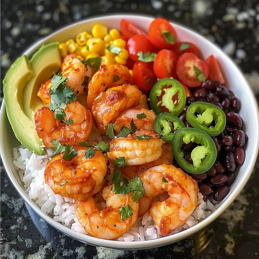 A vibrant bowl filled with spicy shrimp, rice, black beans, and fresh vegetables.