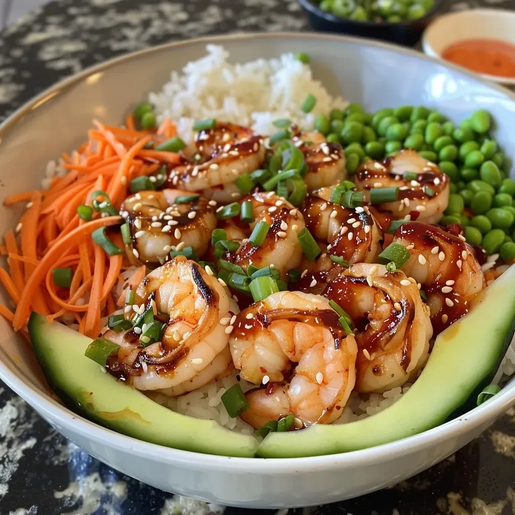 ['A close-up view of spicy shrimp rice bowl filled with vibrant vegetables and garnishes.', 'Juicy shrimp rice bowl showcasing fresh ingredients like edamame and cucumber.', 'Side view of a colorful spicy shrimp rice bowl with sesame seeds and herbs.', 'Detailed close-up of a shrimp rice bowl topped with sriracha and fresh veggies.']