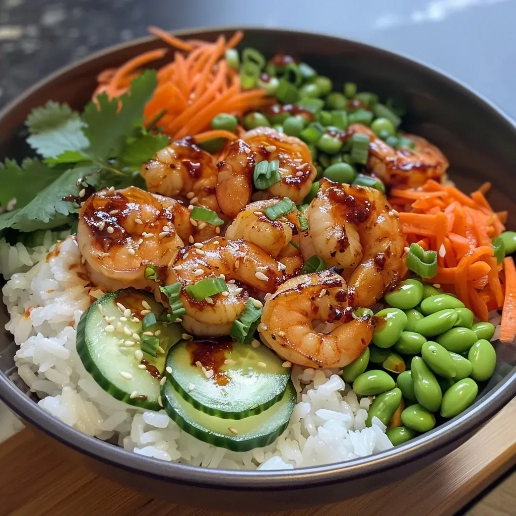 ['A close-up view of spicy shrimp rice bowl filled with vibrant vegetables and garnishes.', 'Juicy shrimp rice bowl showcasing fresh ingredients like edamame and cucumber.', 'Side view of a colorful spicy shrimp rice bowl with sesame seeds and herbs.', 'Detailed close-up of a shrimp rice bowl topped with sriracha and fresh veggies.']