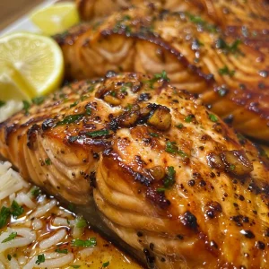 Close-up view of sticky garlic butter salmon fillets glazed with a shiny sauce.