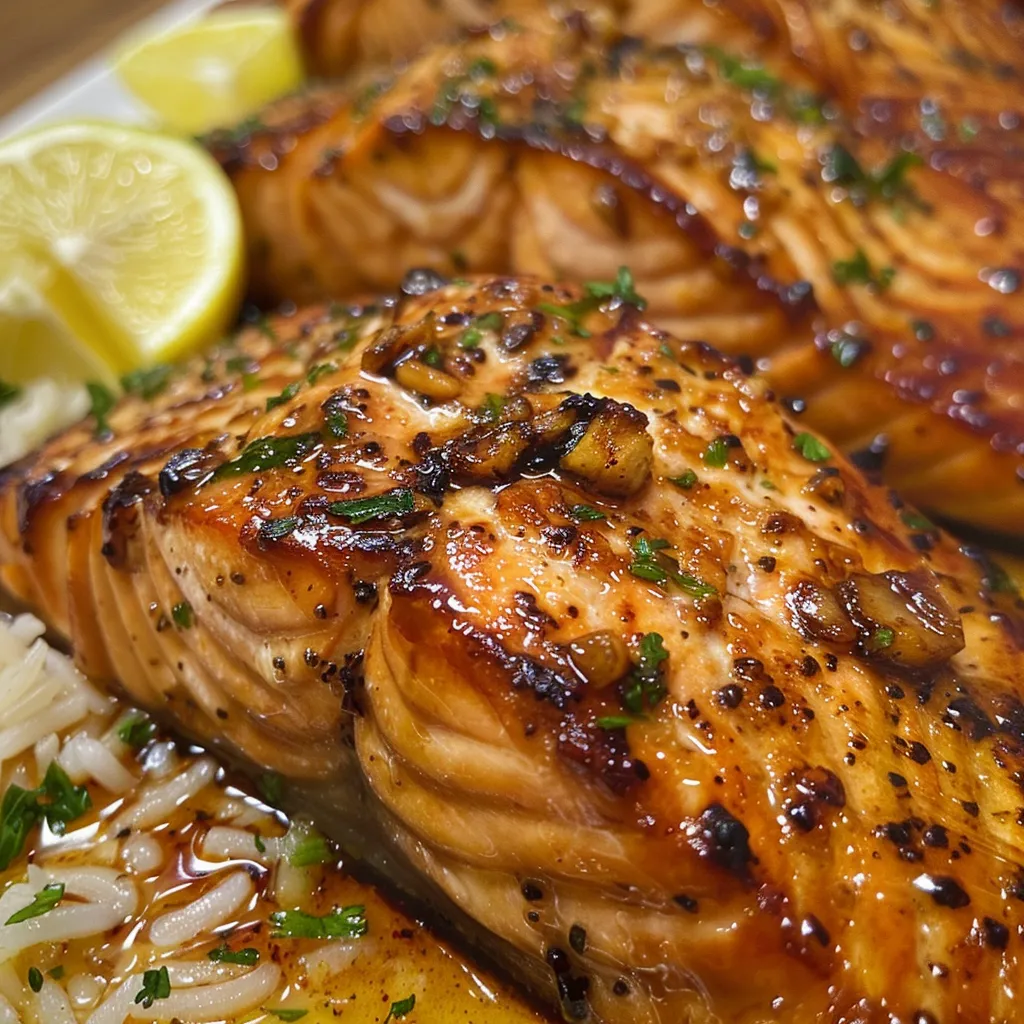 Close-up view of sticky garlic butter salmon fillets glazed with a shiny sauce.