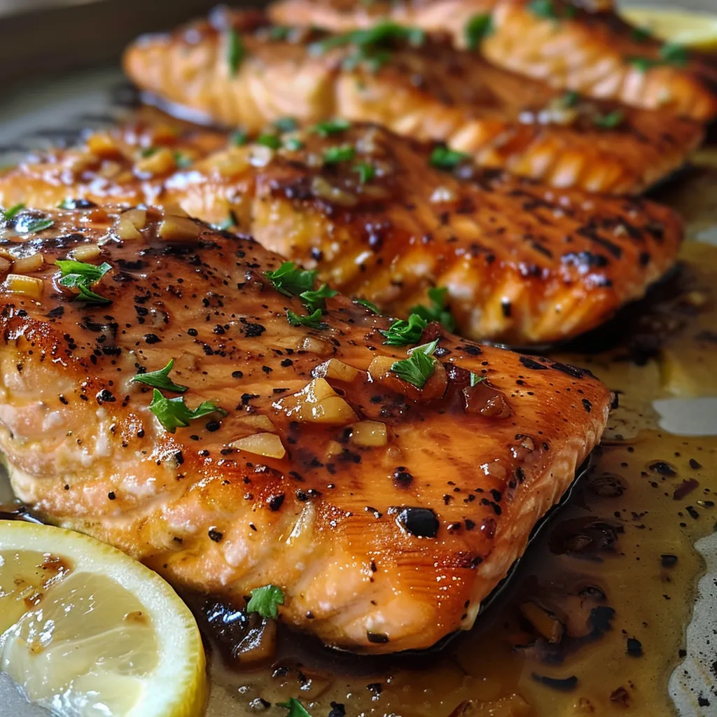 Side view of juicy salmon topped with minced garlic and butter, surrounded by lemon wedges.