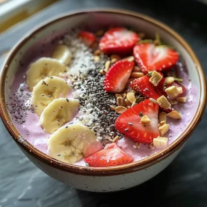 A close-up view of Strawberry Banana Nice Cream Breakfast Bowls topped with fresh fruit.