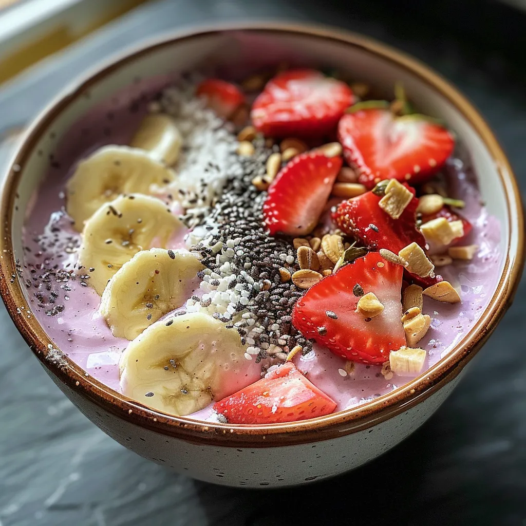 A close-up view of Strawberry Banana Nice Cream Breakfast Bowls topped with fresh fruit.