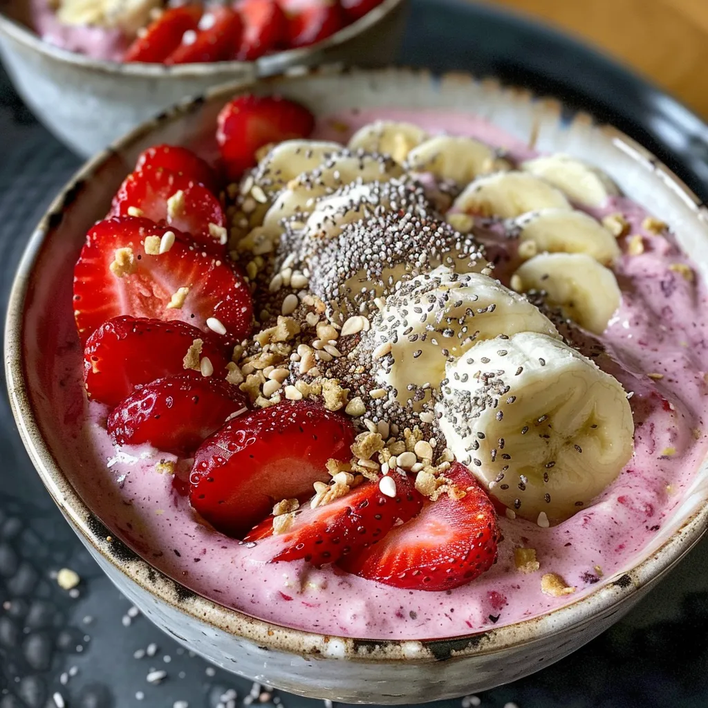Side view of a colorful breakfast bowl filled with strawberry banana nice cream and garnished with sliced strawberries and bananas.