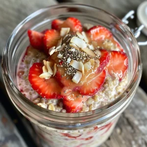 Close-up view of Strawberry Overnight Oat Jars filled with oats, strawberries, and yogurt.
