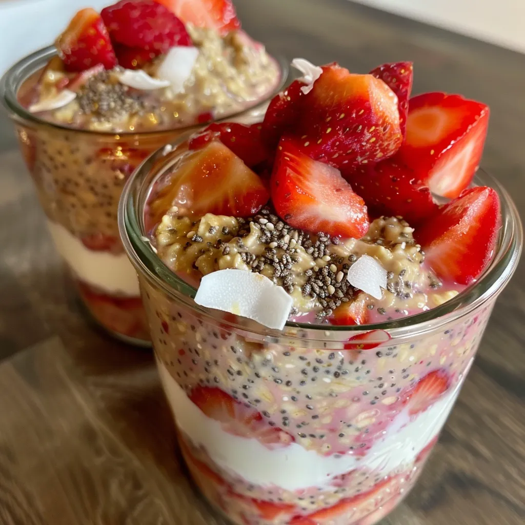 Side angle of a jar showcasing layers of oats, fresh strawberries, and toppings.