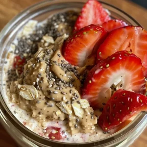 A close-up side view of Strawberry Overnight Oats in a glass jar topped with fresh strawberries.
