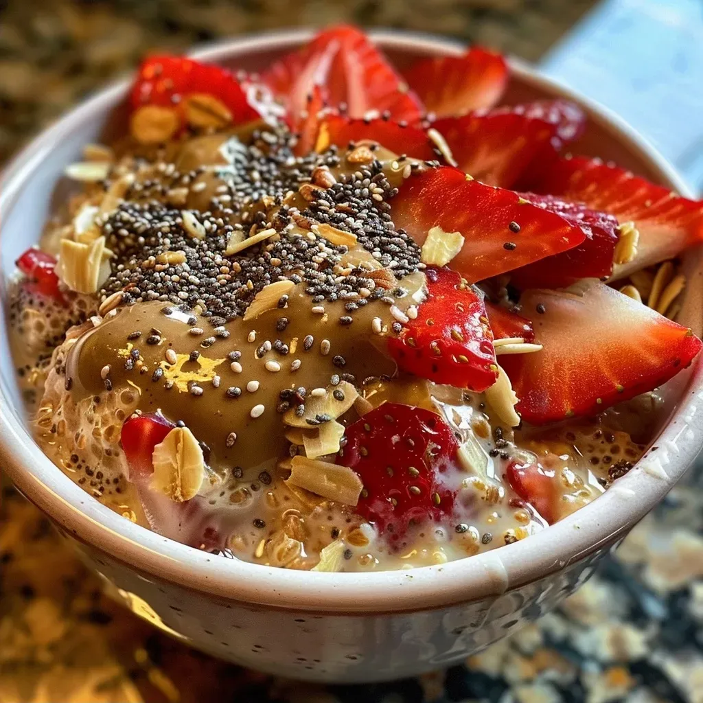Juicy and colorful layers of Strawberry Overnight Oats with chia seeds and almond butter.