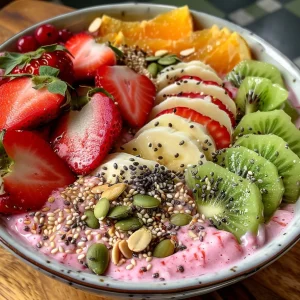 A close-up view of a vibrant strawberry smoothie bowl with sliced strawberries and kiwi.