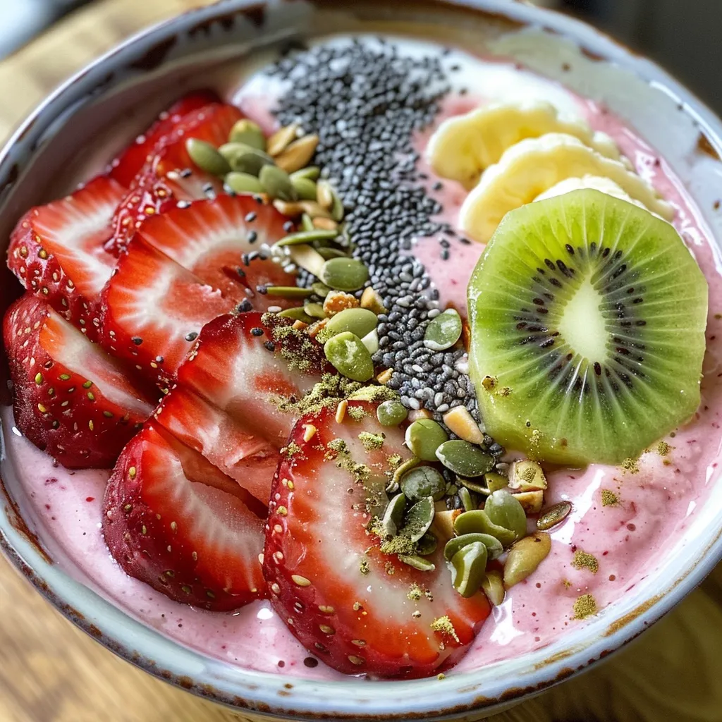 A side view of a colorful smoothie bowl filled with strawberries, bananas, and assorted fruits.