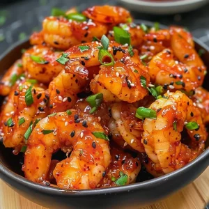 ['Close-up view of juicy Sweet and Spicy Gochujang Shrimp on a plate.', 'Side shot of succulent shrimp coated in vibrant red sauce, garnished with green herbs.', 'Detailed image of glistening shrimp with a spicy sauce, served in a rustic dish.', 'Close view of perfectly cooked shrimp drenched in gochujang sauce, ready to eat.']