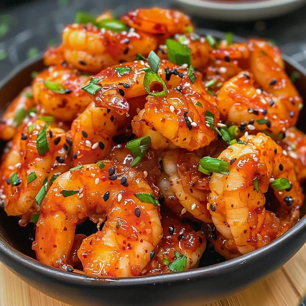['Close-up view of juicy Sweet and Spicy Gochujang Shrimp on a plate.', 'Side shot of succulent shrimp coated in vibrant red sauce, garnished with green herbs.', 'Detailed image of glistening shrimp with a spicy sauce, served in a rustic dish.', 'Close view of perfectly cooked shrimp drenched in gochujang sauce, ready to eat.']