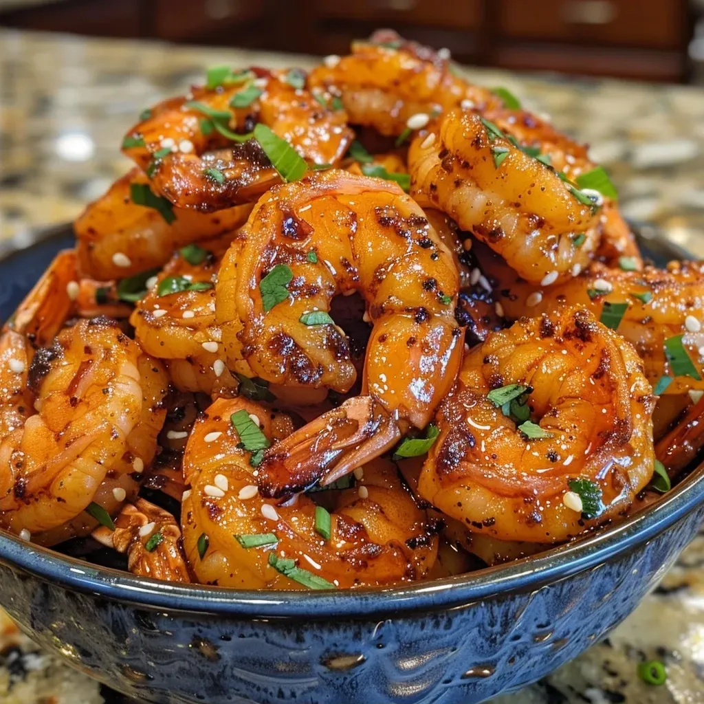 ['Close-up view of juicy Sweet and Spicy Gochujang Shrimp on a plate.', 'Side shot of succulent shrimp coated in vibrant red sauce, garnished with green herbs.', 'Detailed image of glistening shrimp with a spicy sauce, served in a rustic dish.', 'Close view of perfectly cooked shrimp drenched in gochujang sauce, ready to eat.']