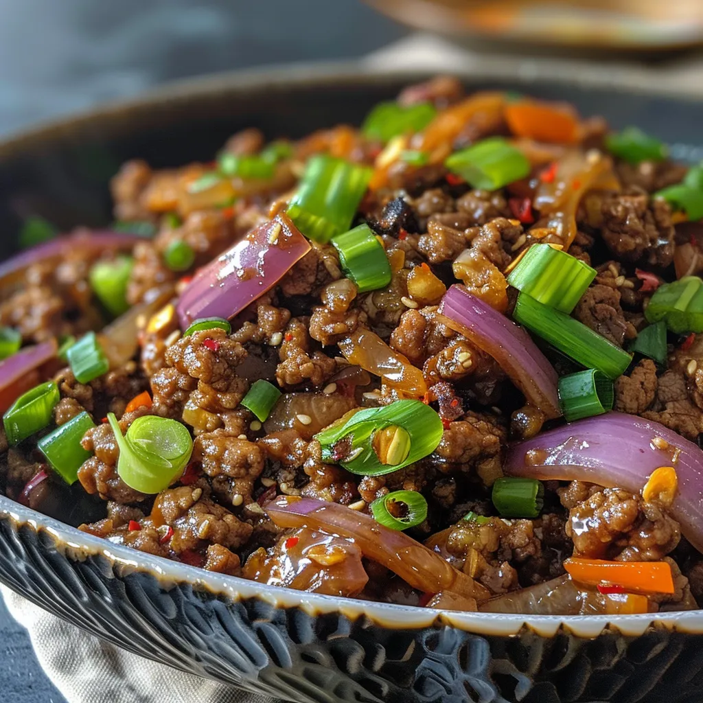 Close-up view of a vibrant Sweet Chili Ground Beef Stir Fry with rice.