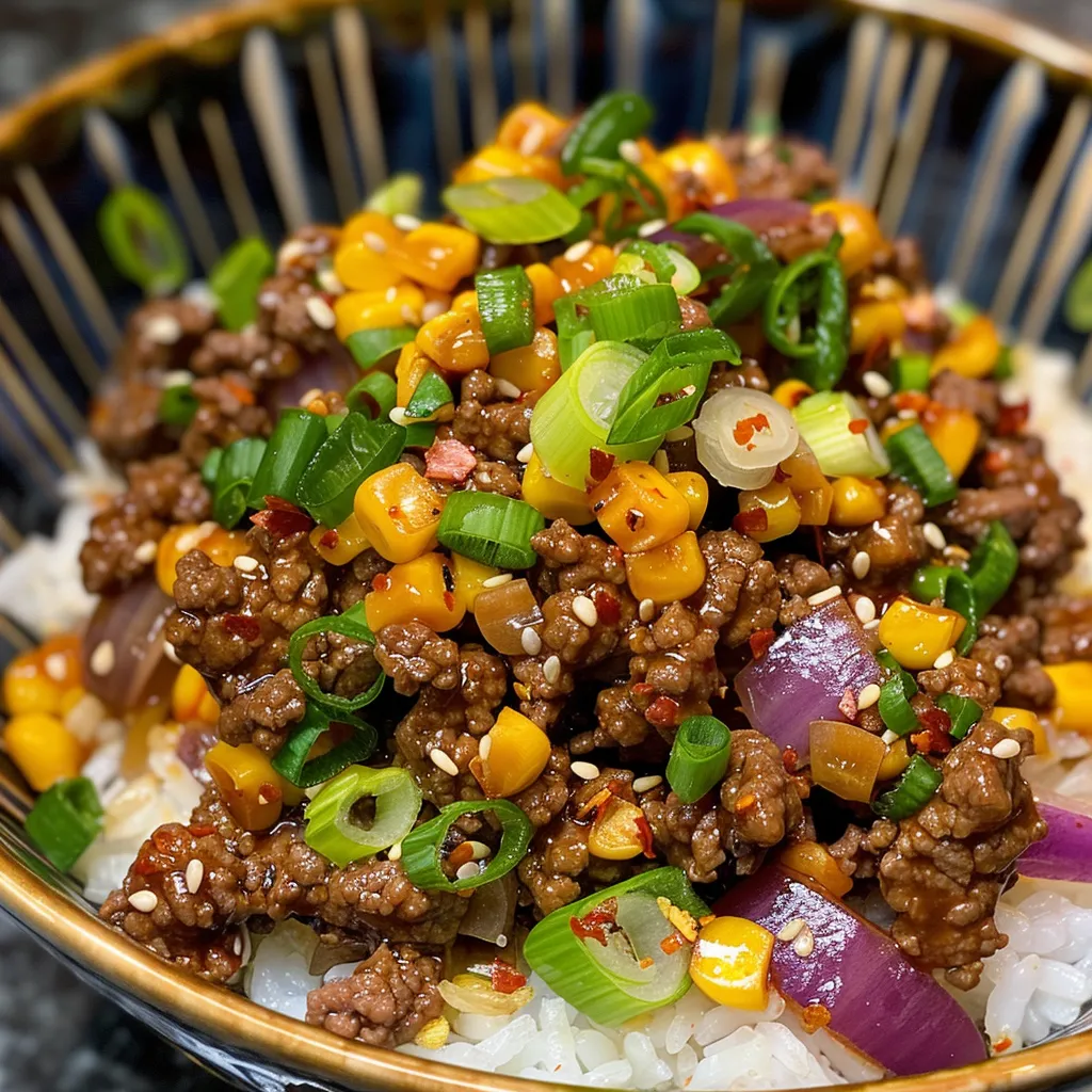 Juicy ground beef stir fry coated in sweet chili sauce, served over rice.