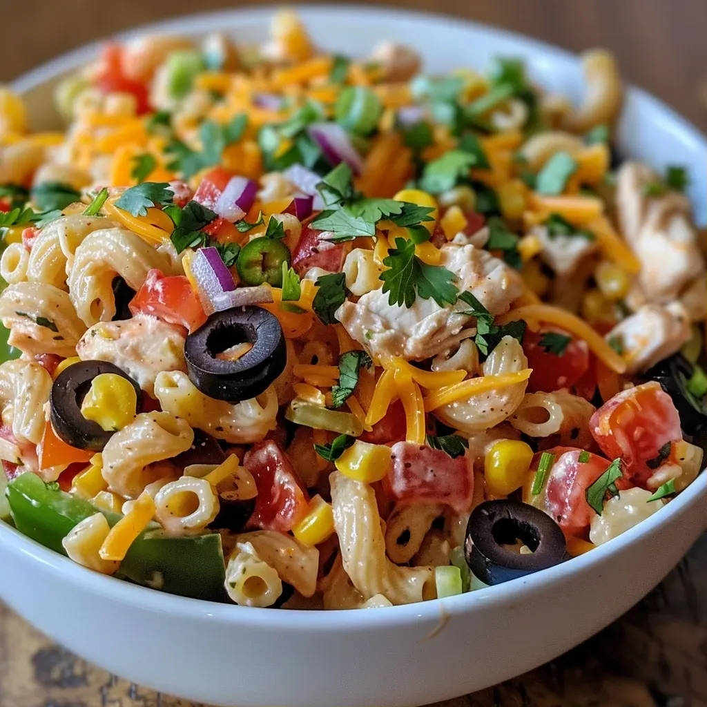 A close-up of a vibrant Taco Chicken Pasta Salad with colorful vegetables and pasta.
