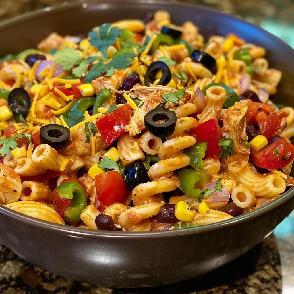Side view of a delicious Taco Chicken Pasta Salad featuring macaroni, chicken, and fresh veggies.