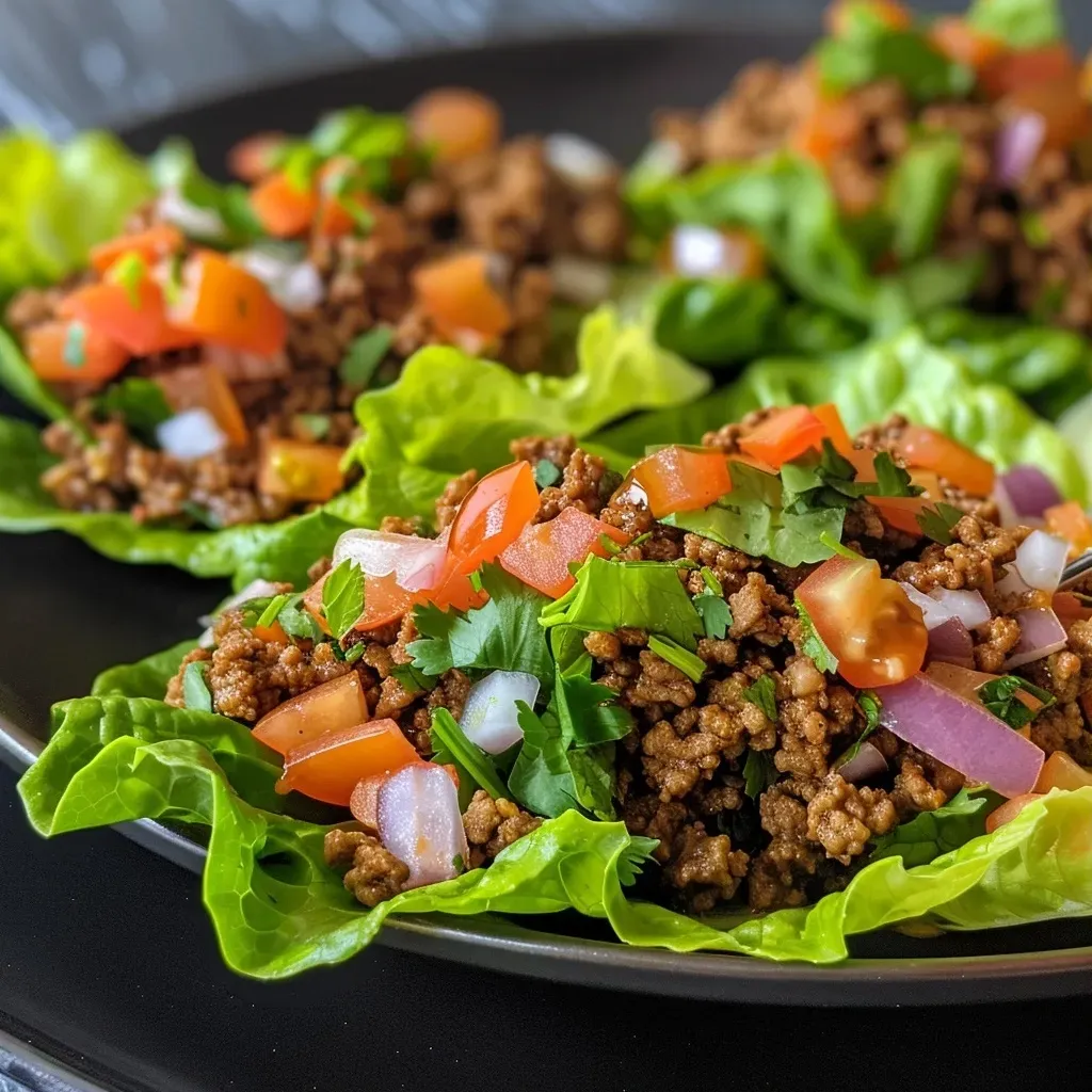['Close-up of juicy taco ground beef wrapped in fresh butter lettuce leaves.', 'Side view of ground beef lettuce wraps, showcasing the vibrant taco filling.', 'Detailed image of taco ground beef nestled in green lettuce, topped with diced onions.', 'Colorful presentation of ground beef lettuce wraps filled with taco seasoning.']