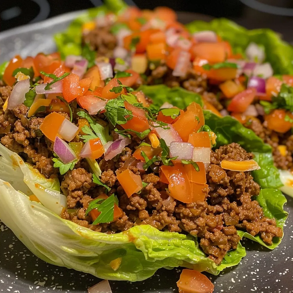['Close-up of juicy taco ground beef wrapped in fresh butter lettuce leaves.', 'Side view of ground beef lettuce wraps, showcasing the vibrant taco filling.', 'Detailed image of taco ground beef nestled in green lettuce, topped with diced onions.', 'Colorful presentation of ground beef lettuce wraps filled with taco seasoning.']