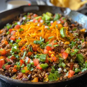 Close-up view of a colorful Taco Skillet with layers of ground beef, bell peppers, and cheese.