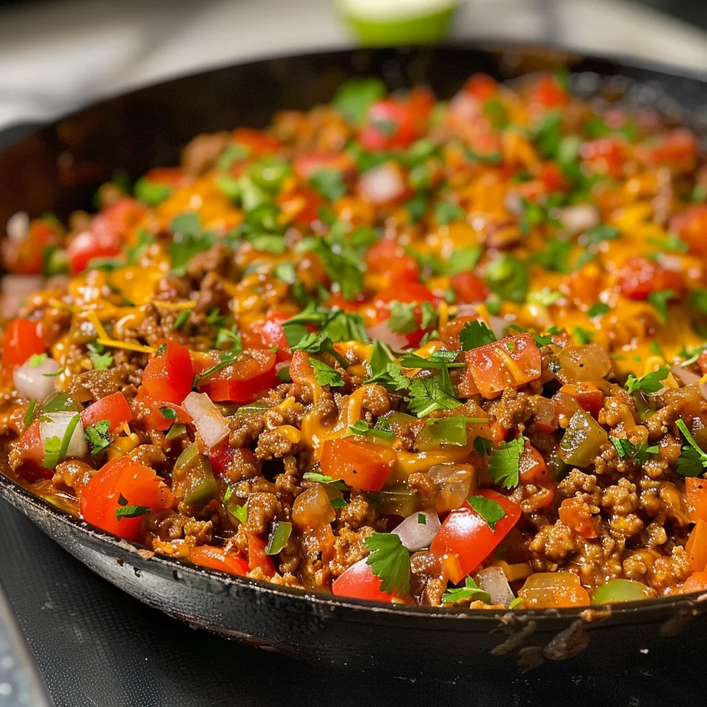 Juicy Taco Skillet showcasing ground beef, bell peppers, and melted cheese.