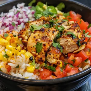 Close-up view of a colorful street corn chicken bowl with vibrant ingredients.