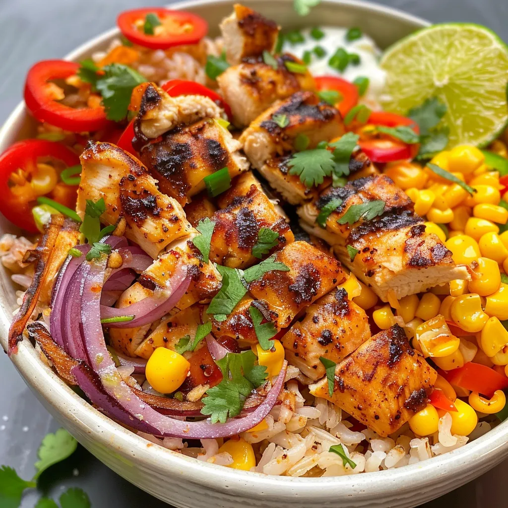 Side view of a delicious bowl featuring grilled corn, chicken, and fresh vegetables.