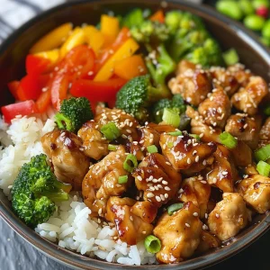 Close-up of a Teriyaki Chicken Bowl with vibrant veggies and rice.