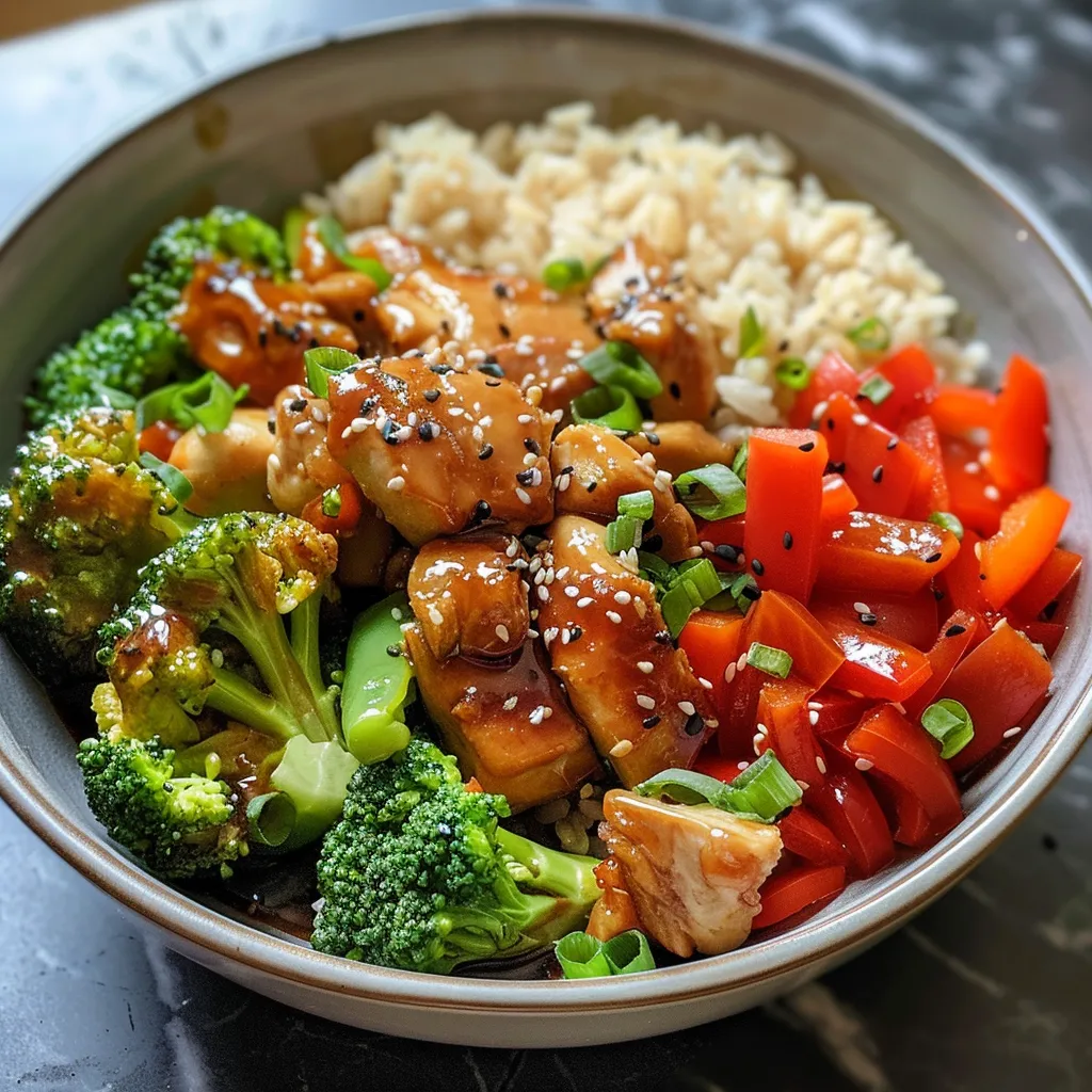Side view of a juicy Teriyaki Chicken Bowl featuring broccoli and sesame seeds.