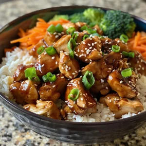 A close-up side view of a Teriyaki Chicken Rice Bowl featuring colorful vegetables and tender chicken pieces.