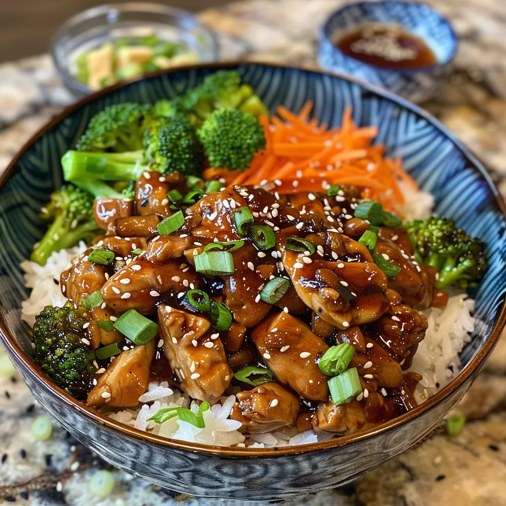 Detailed image of a Teriyaki Chicken Rice Bowl with chicken, rice, and vibrant vegetables from the side.