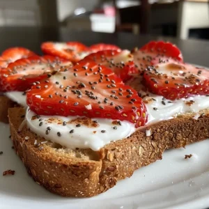 Close-up view of toast topped with Greek yogurt, sliced strawberries, chia seeds, and coconut flakes.