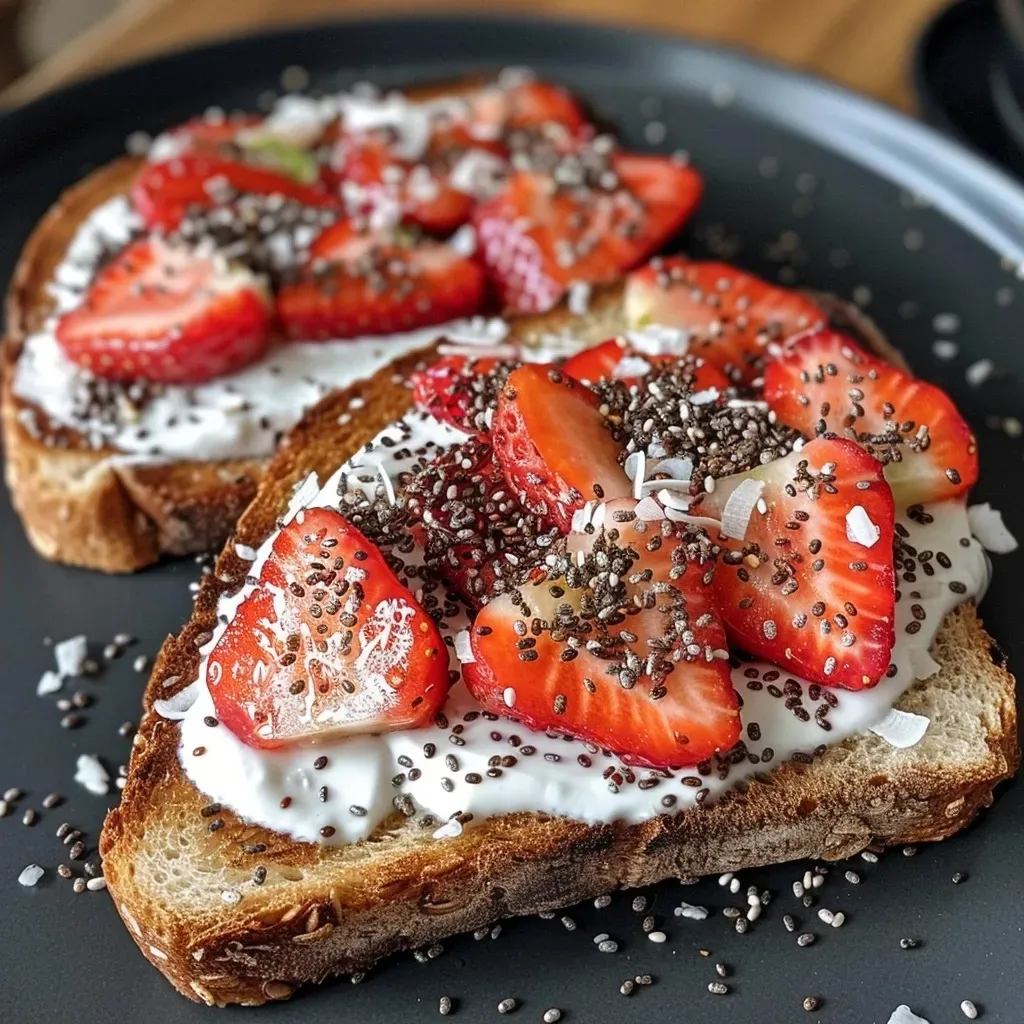 Toast with creamy Greek yogurt, fresh strawberries, and a sprinkle of chia seeds and coconut.