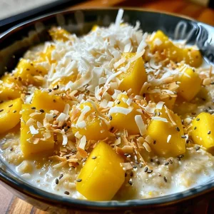 Close-up view of tropical coconut mango oats in a bowl with a spoon.