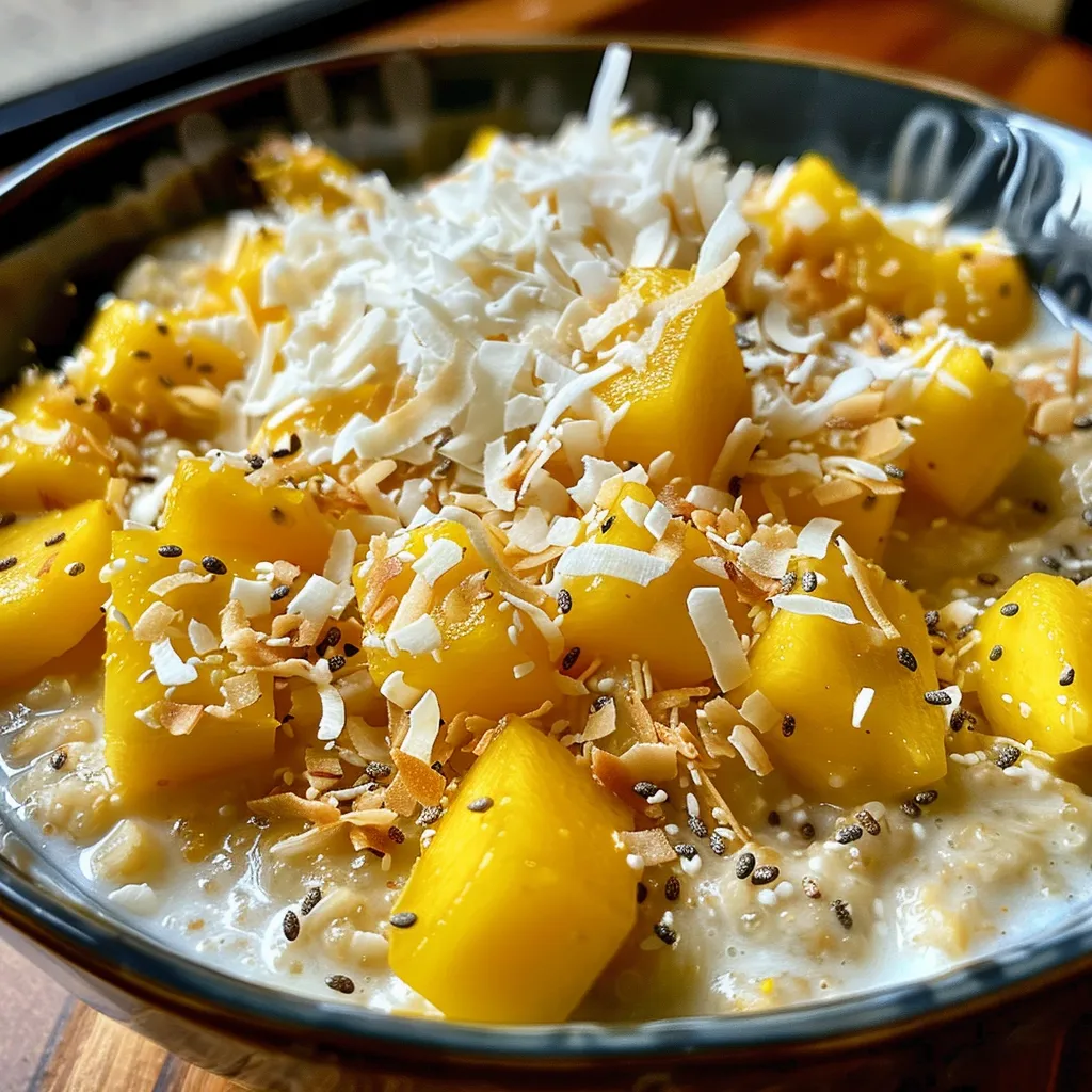 Close-up view of tropical coconut mango oats in a bowl with a spoon.