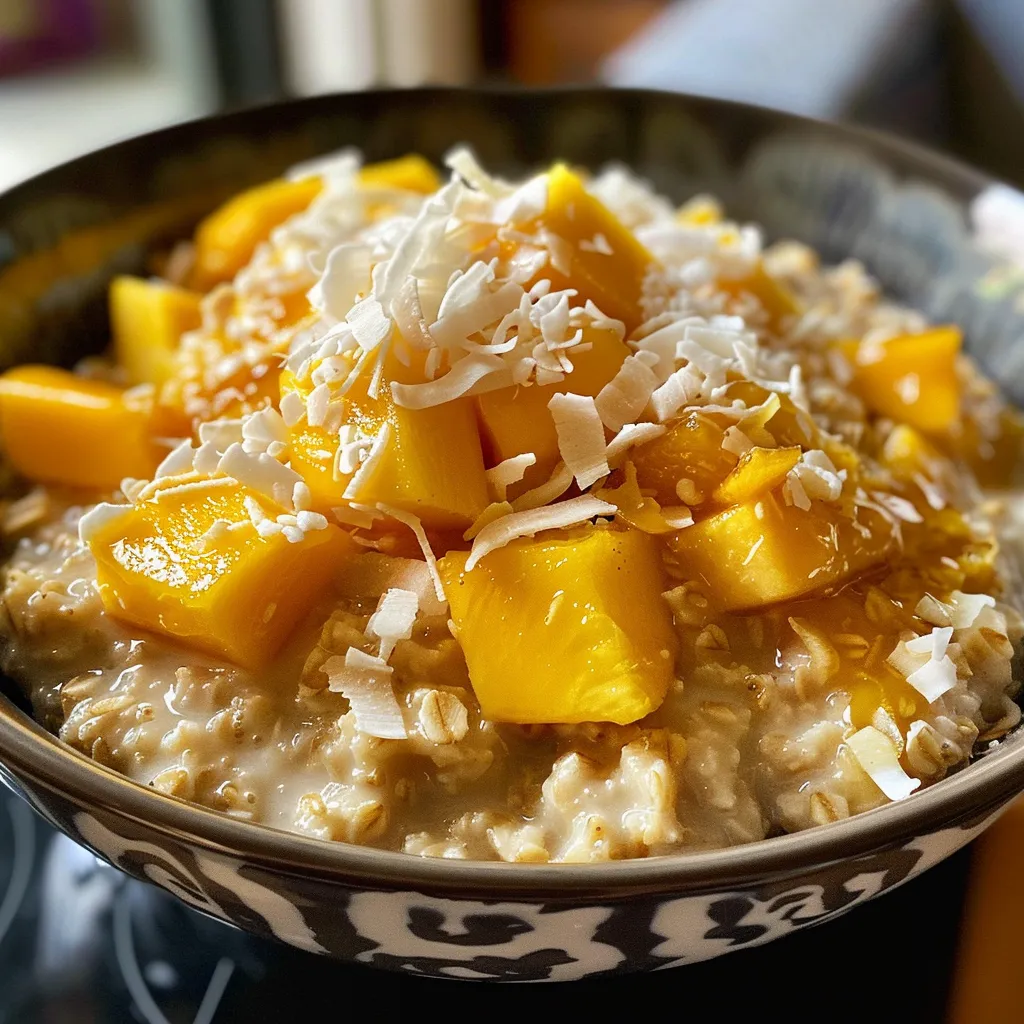 Side view of a vibrant bowl of oats topped with mango and coconut.