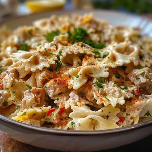 Close-up of a vibrant Tuna Pasta Salad with lemon yogurt dressing, garnished with fresh dill.