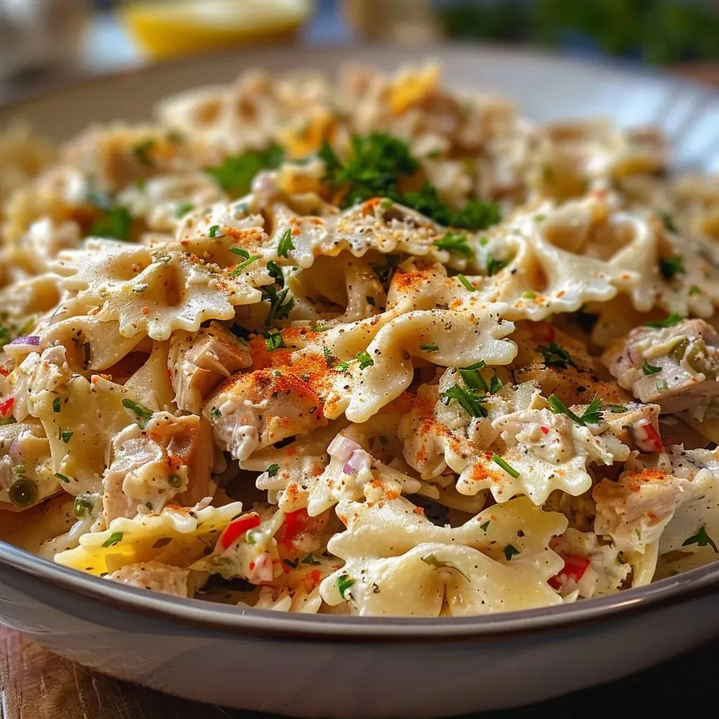 Close-up of a vibrant Tuna Pasta Salad with lemon yogurt dressing, garnished with fresh dill.