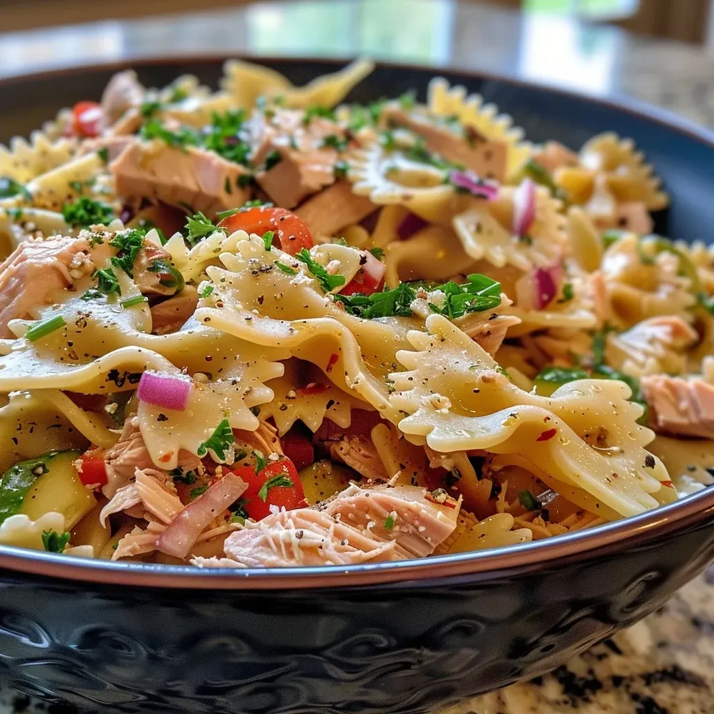 Side view of a creamy Tuna Pasta Salad featuring farfalle, cucumbers, and pickles in a bowl.